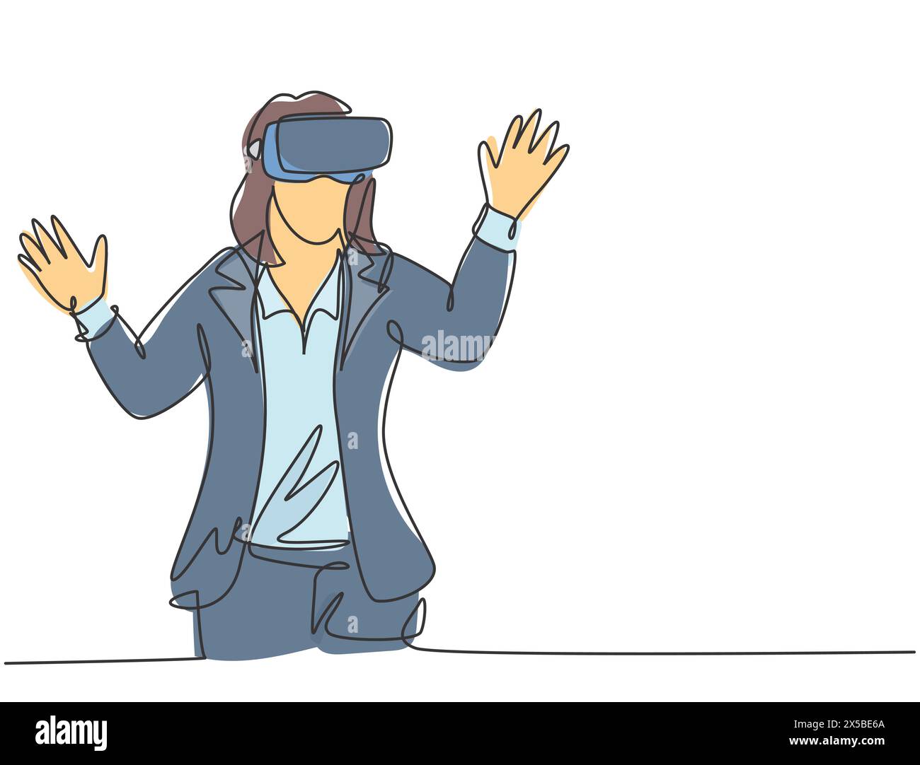 One single line drawing of young happy gamer business woman wearing virtual reality helmet and try to touch. Smart technology futuristic game concept Stock Vector