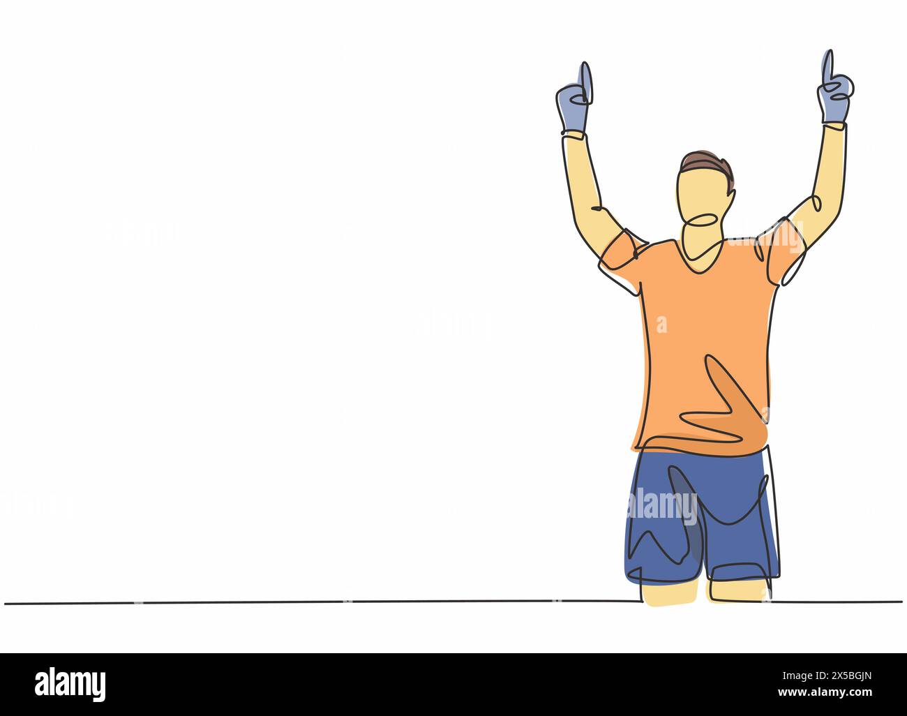 One single line drawing of young football player feels gratitude and pointing the fingers to the sky after goal scoring. Match goal celebration concep Stock Vector