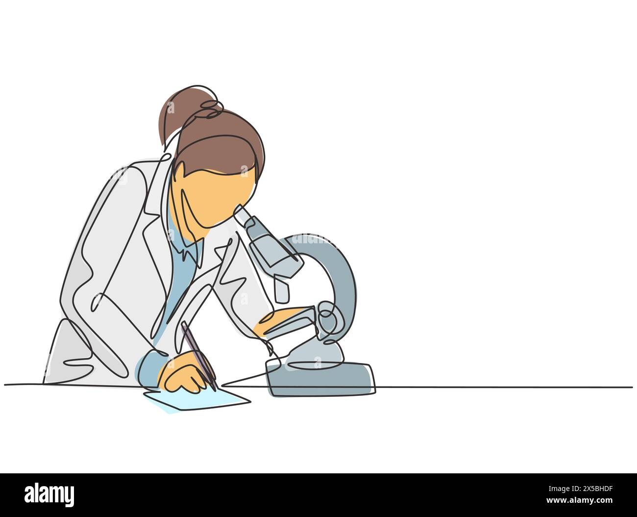 One continuous line drawing of female scientist researching antibiotic formula using microscope to find covid vaccine. Coronavirus medical research co Stock Vector
