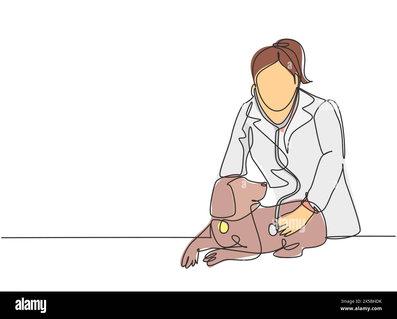One single line drawing of young happy female veterinarian examining and take care of a sick dog because of a virus. Pet health care service concept c Stock Vector