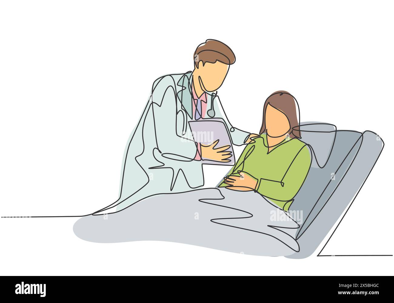 One single line drawing of young doctor show great result of medical record to the patient who laying at hospital bed. Medical health care concept con Stock Vector