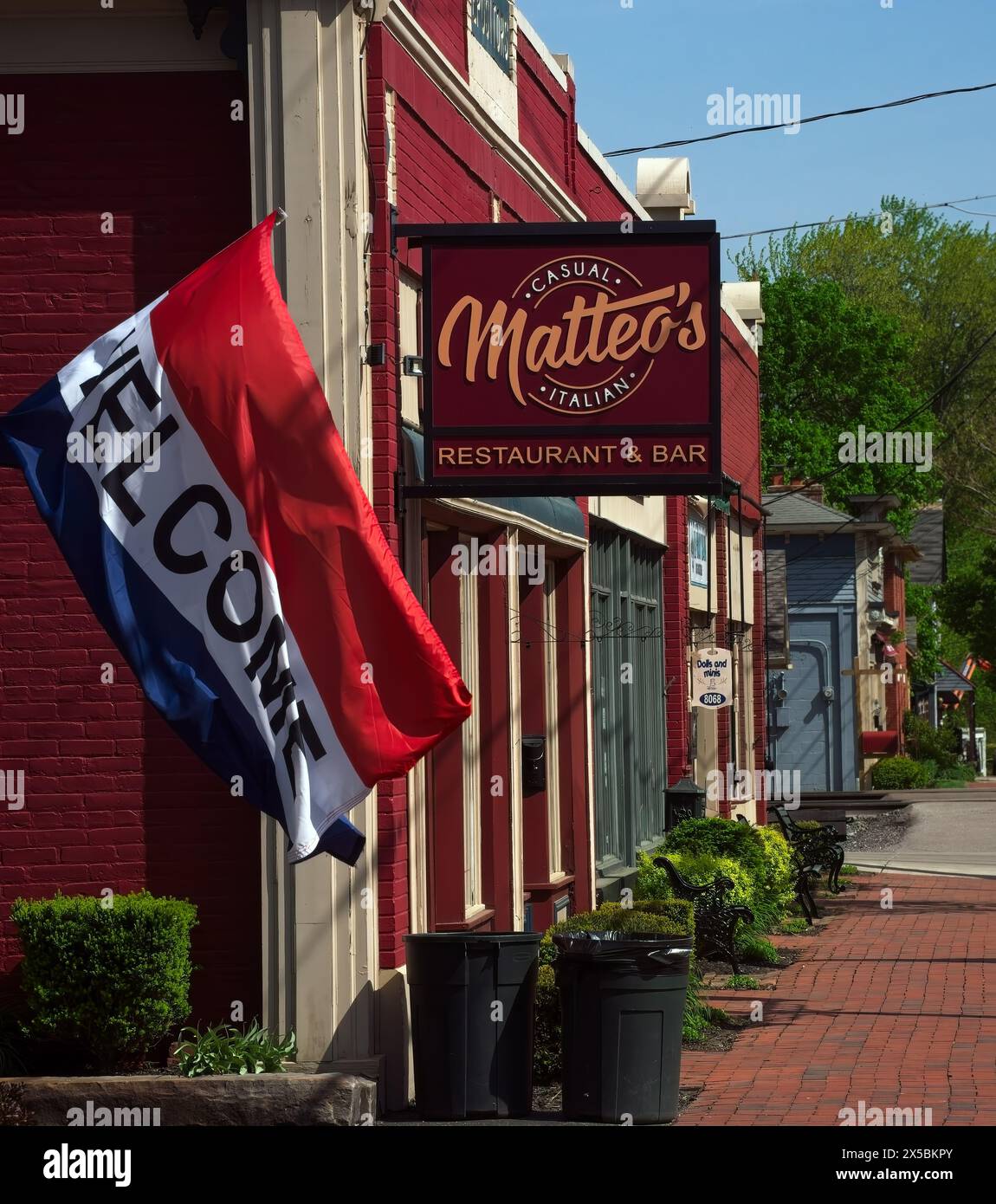 Matteo's Italian Restaurant anchors a block of quaint shops and vintage facades in this tiny but charming southwestern suburb of Cleveland. Stock Photo