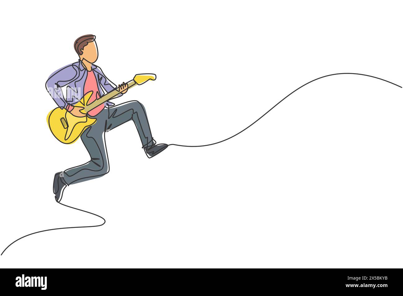One continuous line drawing of young happy male guitarist jumping while playing electric guitar on music concert stage. Musician artist performance co Stock Vector