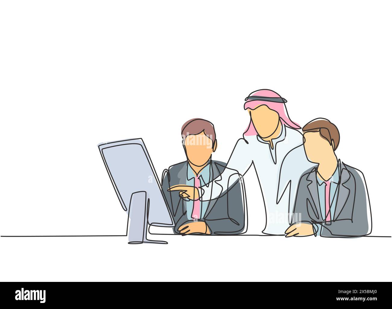 Single continuous line drawing of young muslim businessman watching business presentation from his partners. Arab middle east cloth shmagh, thawb, rob Stock Vector