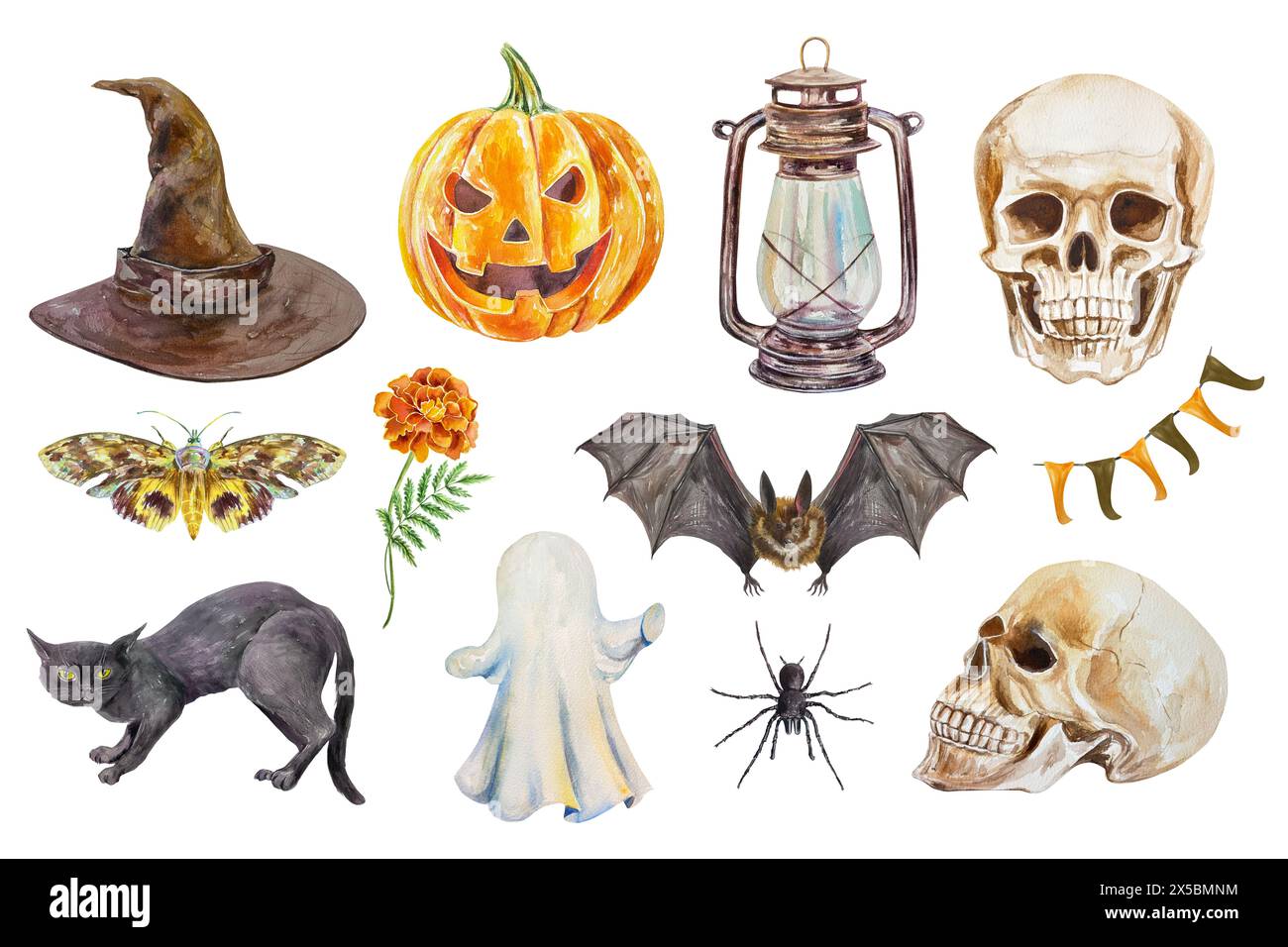 Halloween set. Pumpkin, skull, ghost, witch hat, bat, cat, lamp, spider, moth. Watercolor illustration on white background. Cards, invitations, covers Stock Photo