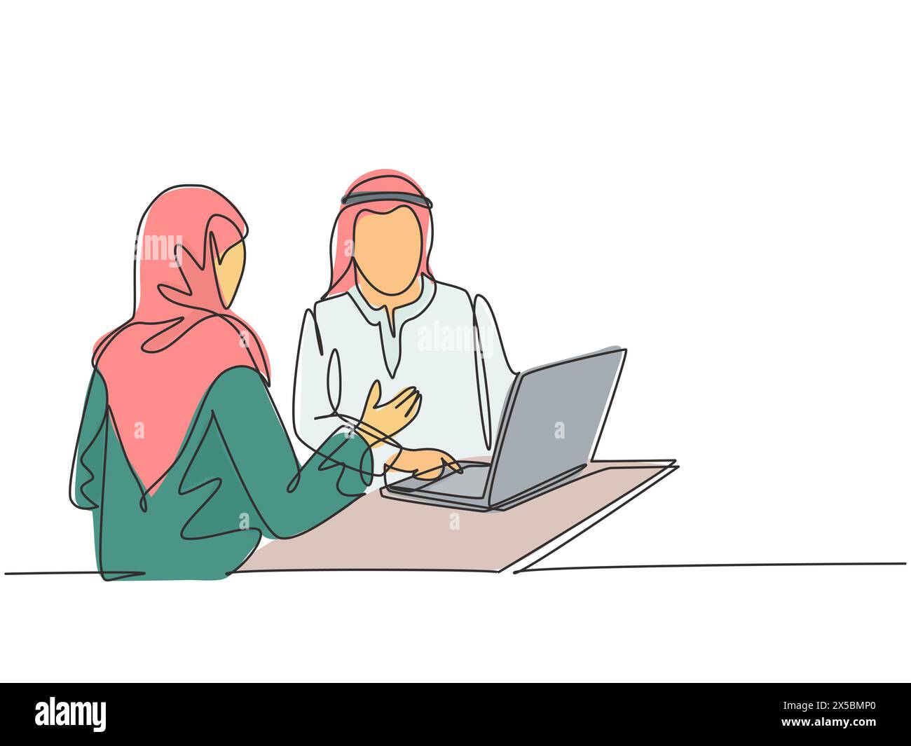 One continuous line drawing of young muslim sales marketer explaining features of new product to customer. Islamic clothing shemag, kandura, scarf, hi Stock Vector