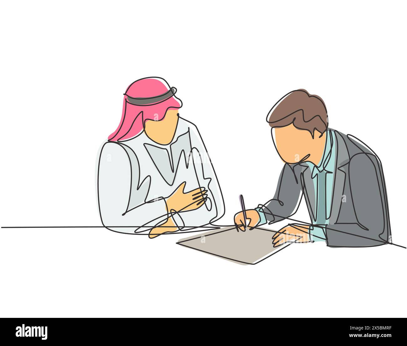 Single continuous line drawing of young muslim sign a business deal agreement contract with his colleague. Arab middle east cloth shmagh, kandura, rob Stock Vector
