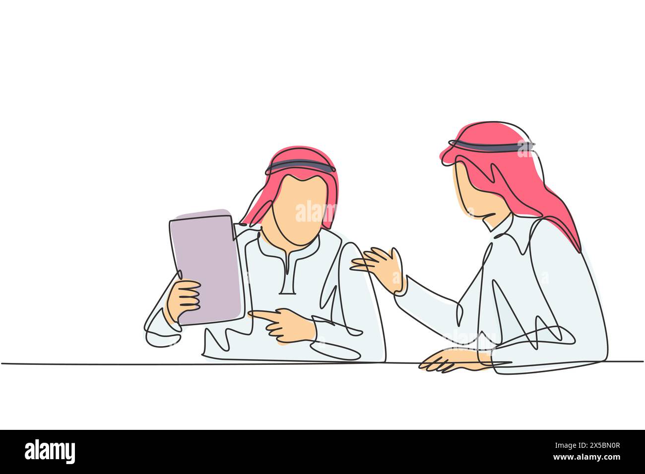 Single continuous line drawing of young muslim business manager discussing new company policy with partner. Arab middle east cloth kandura, thawb, rob Stock Vector