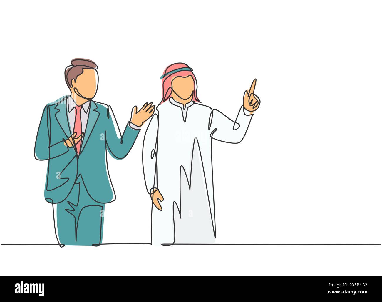 One continuous line drawing of young male muslim businessman meeting and talking with his colleague. Islamic clothing shemag, kandura, scarf, keffiyeh Stock Vector