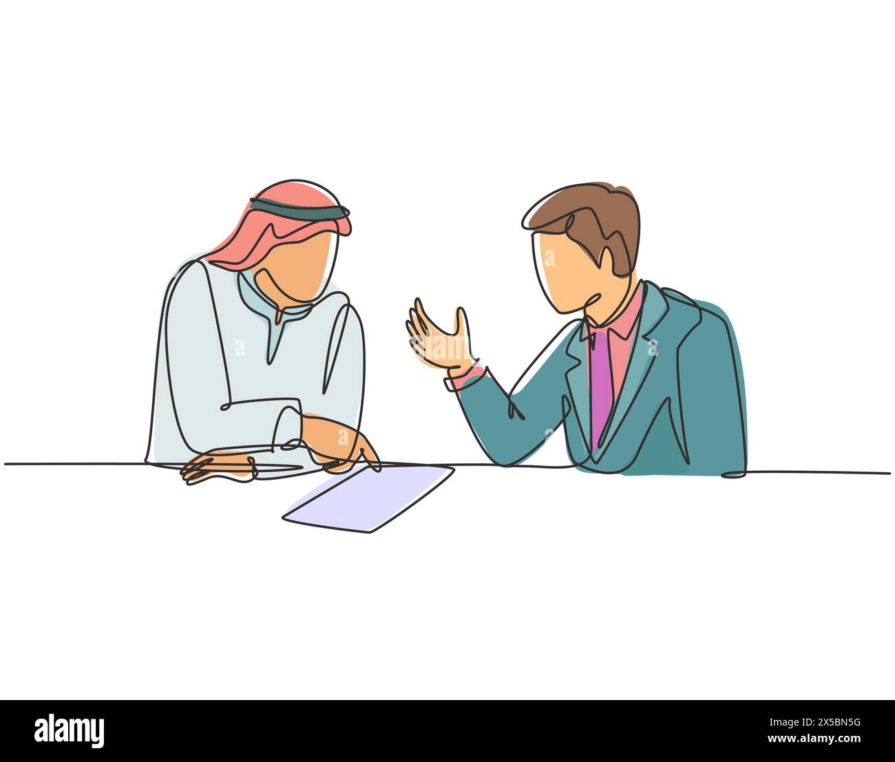 Single continuous line drawing of young muslim discussing business deal project with his colleague. Arab middle east cloth shmagh, kandura, thawb, rob Stock Vector