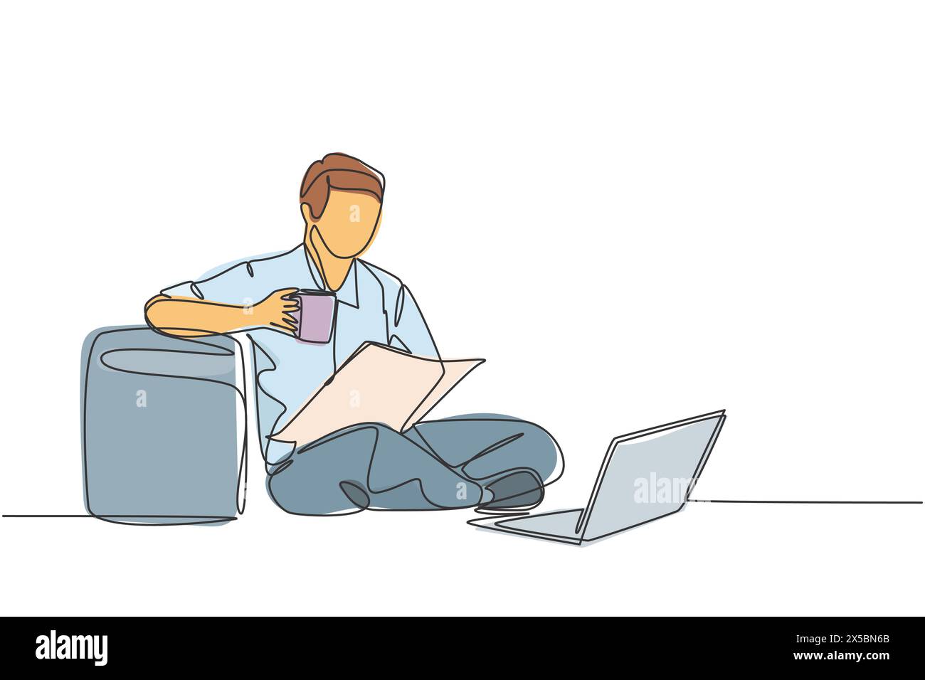 One continuous single line drawing of young happy marketing manager leaning his body to sofa ottoman while reading annual report on tablet. Drinking c Stock Vector