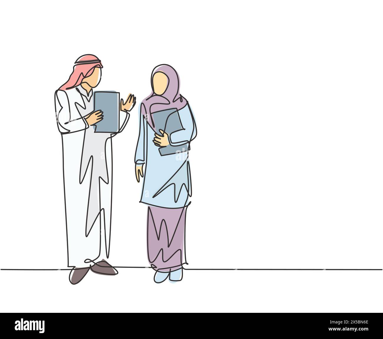 One single line drawing of young muslim manager deliver a job briefing to the female employee. Saudi Arabia cloth shmag, kandora, headscarf, ghutra. C Stock Vector