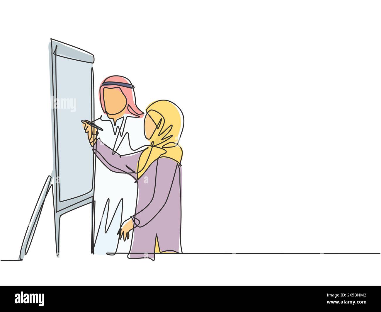 One continuous line drawing of young male and female muslim worker preparing material for presentations on flip chart. Islamic clothing hijab, kandura Stock Vector