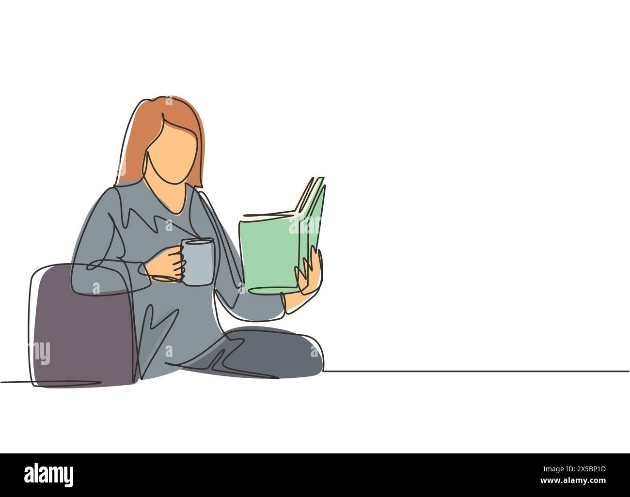 One continuous line drawing of young happy female office worker leaning on ottoman sofa while reading a novel book story. Drinking tea concept single Stock Vector