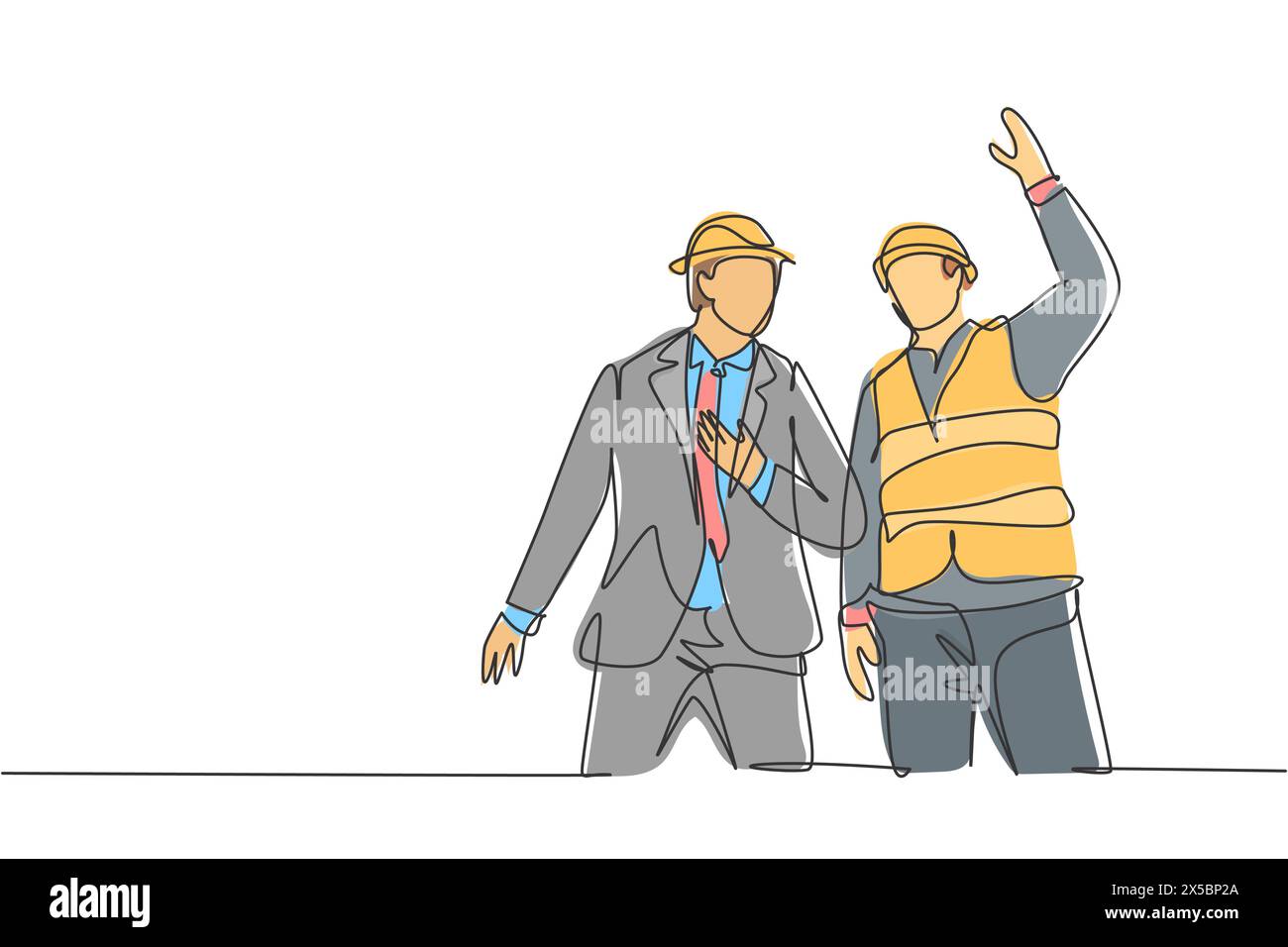 Single continuous line drawing of young architect coordinator explaining construction concept to company manager. Building architecture business conce Stock Vector