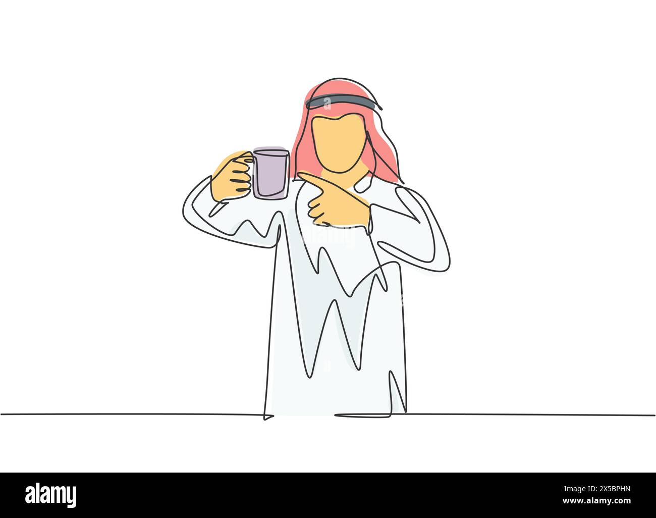Single continuous line drawing of young muslim office worker pointing finger to mug of coffee. Arab middle east male cloth shmagh, kandura, thawb, rob Stock Vector