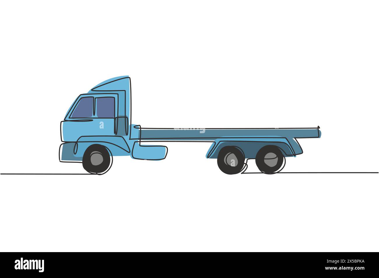 One continuous line drawing of long trailer truck for logistic delivery, commercial vehicle. Heavy construction trucks equipment concept. Dynamic sing Stock Vector