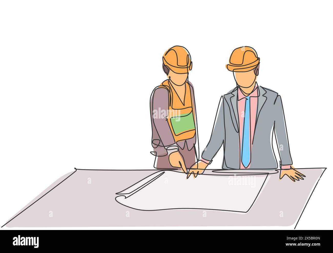 One single line drawing of young architect explaining sketch construction design to the manager. Building architecture business concept. Continuous li Stock Vector
