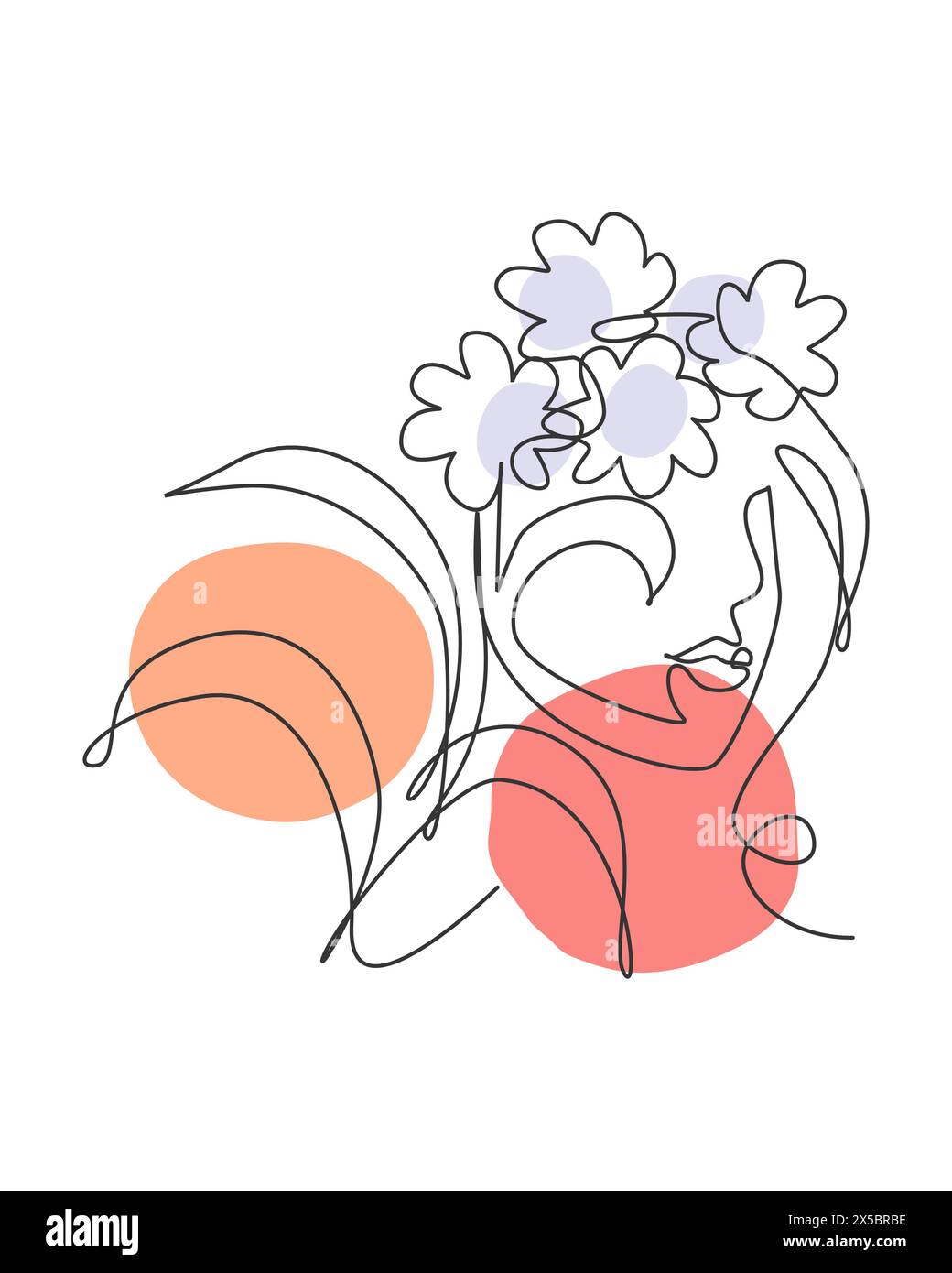 One single line drawing beauty abstract face with natural flowers ...