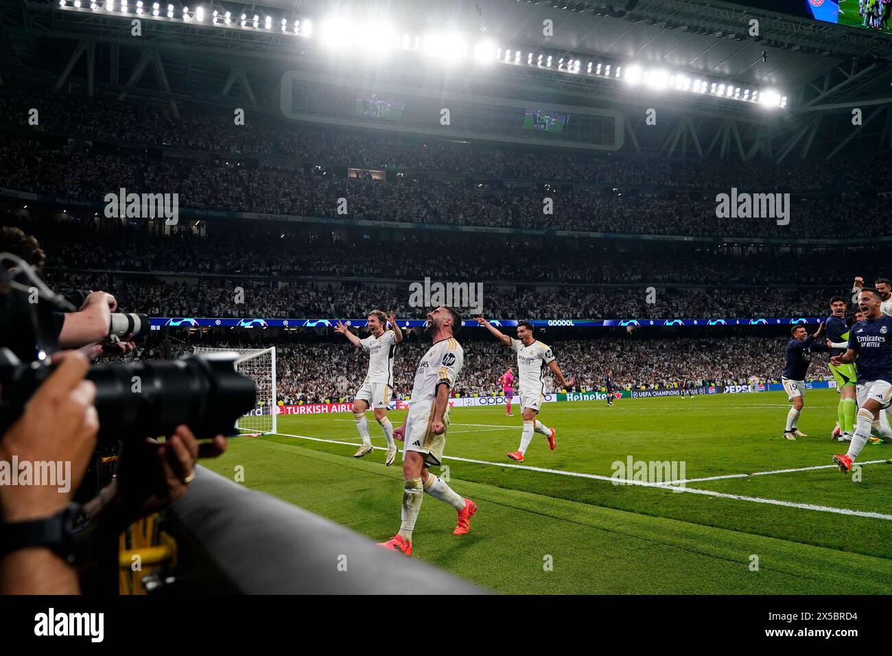 Madrid, Spain. 08th May, 2024. Real Madrid players celebrating the victory during the UEFA Champions League match, Semi-finals, 2nd leg, between Real Madrid and FC Bayern Munchen played at Santiago Bernabeu Stadium on May 8, 2024 in Madrid Spain. (Photo by Sergio Ruiz/PRESSINPHOTO) Credit: PRESSINPHOTO SPORTS AGENCY/Alamy Live News Stock Photo