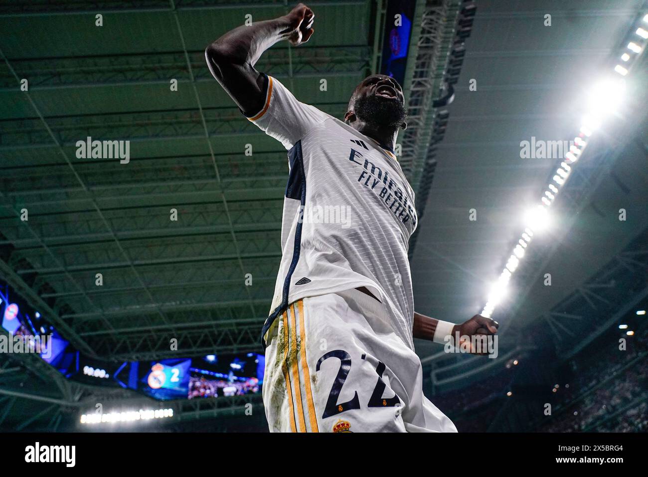 Madrid, Spain. 08th May, 2024. Antonio Rudiger of Real Madrid during the UEFA Champions League match, Semi-finals, 2nd leg, between Real Madrid and FC Bayern Munchen played at Santiago Bernabeu Stadium on May 8, 2024 in Madrid Spain. (Photo by Sergio Ruiz/PRESSINPHOTO) Credit: PRESSINPHOTO SPORTS AGENCY/Alamy Live News Stock Photo