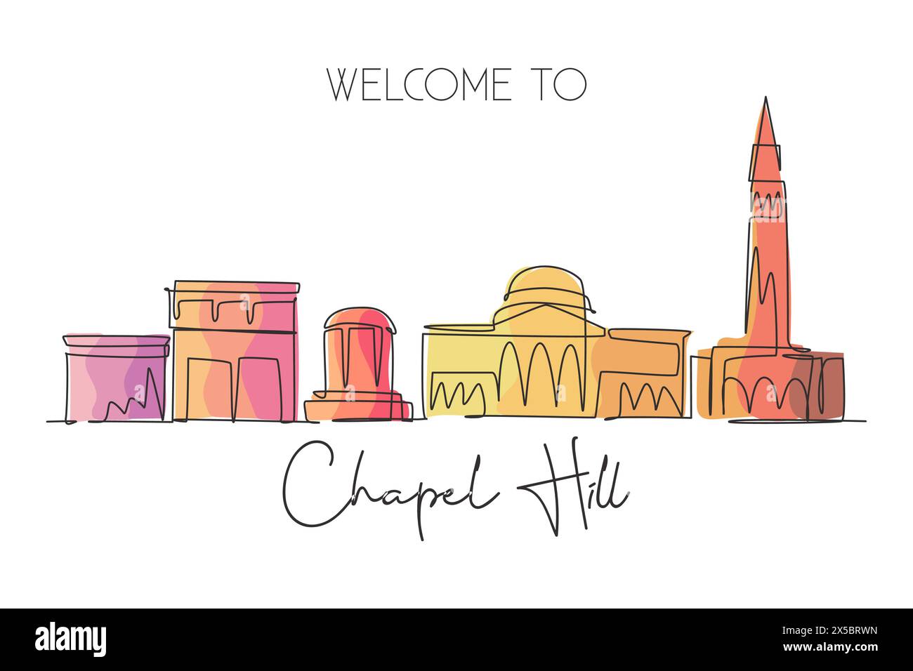 Single continuous line drawing of Chapel Hill city skyline, North Carolina. Famous city for wall decor print. World travel concept. Editable stroke mo Stock Vector