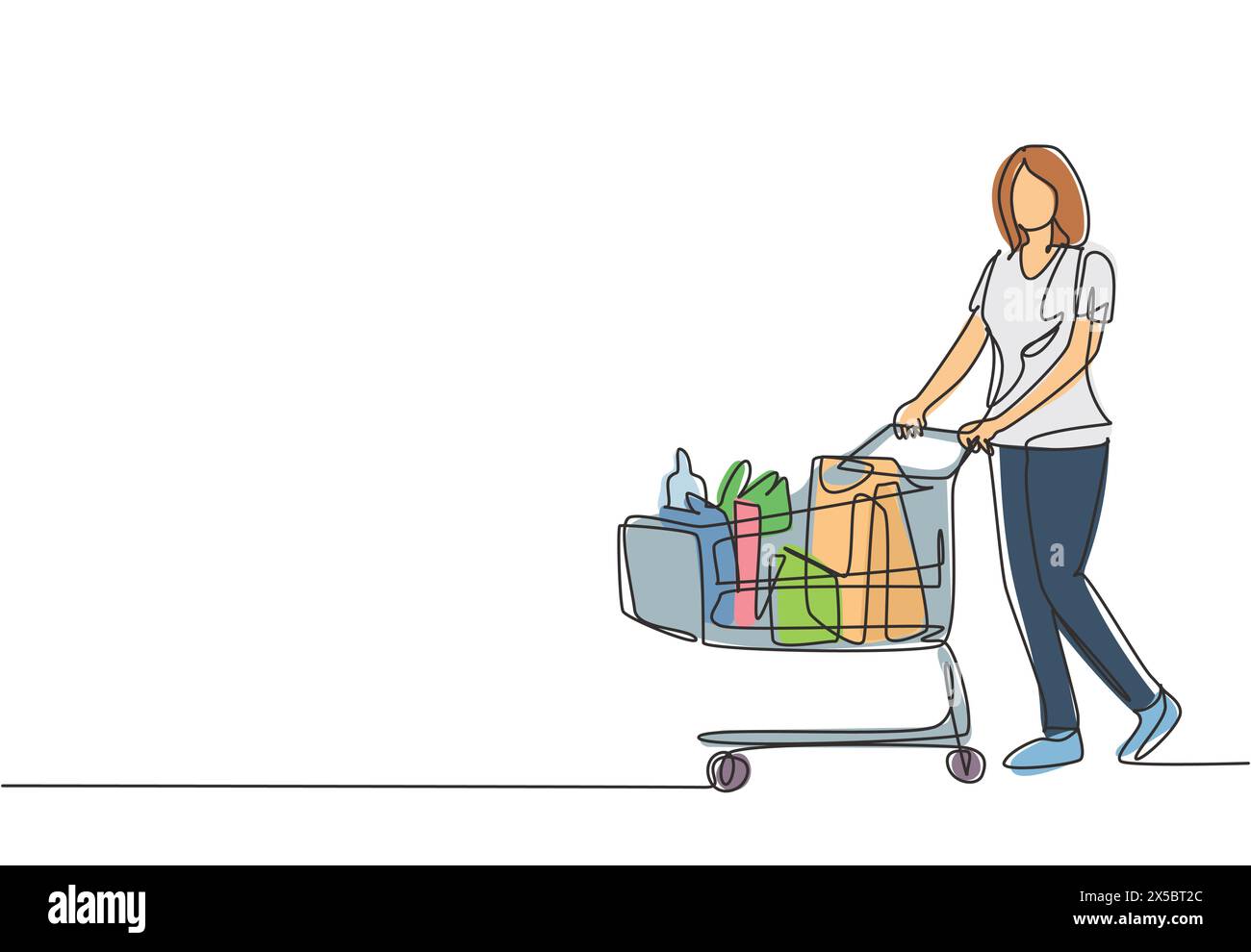 One continuous line drawing young happy female pushing trolley at supermarket while shopping fruits, vegetables, breads, milk. Shopping in hypermarket Stock Vector