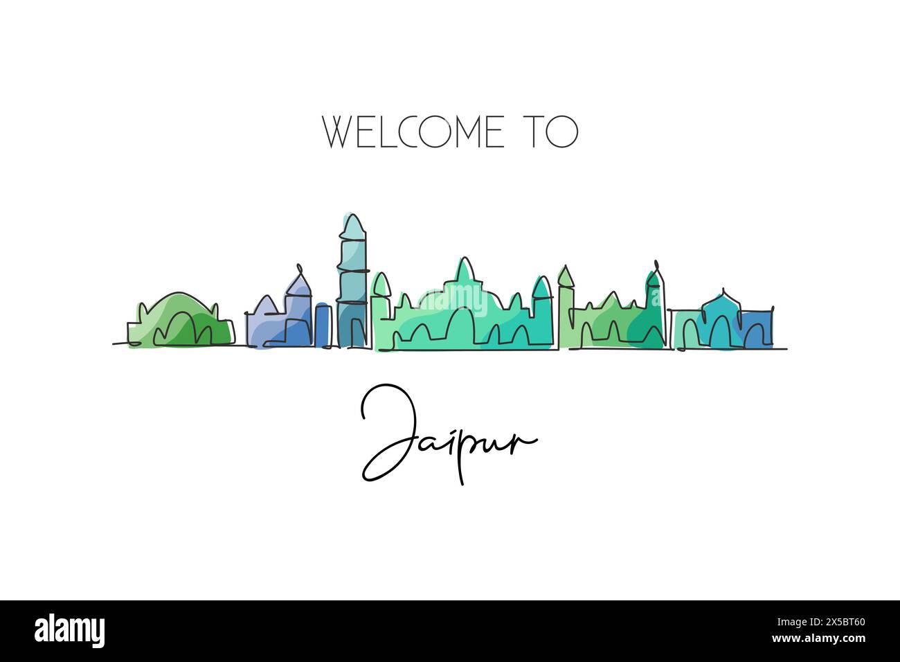 Single continuous line drawing of Jaipur city skyline, India. Famous city scraper landscape. World travel home wall decor art poster print concept. Mo Stock Vector