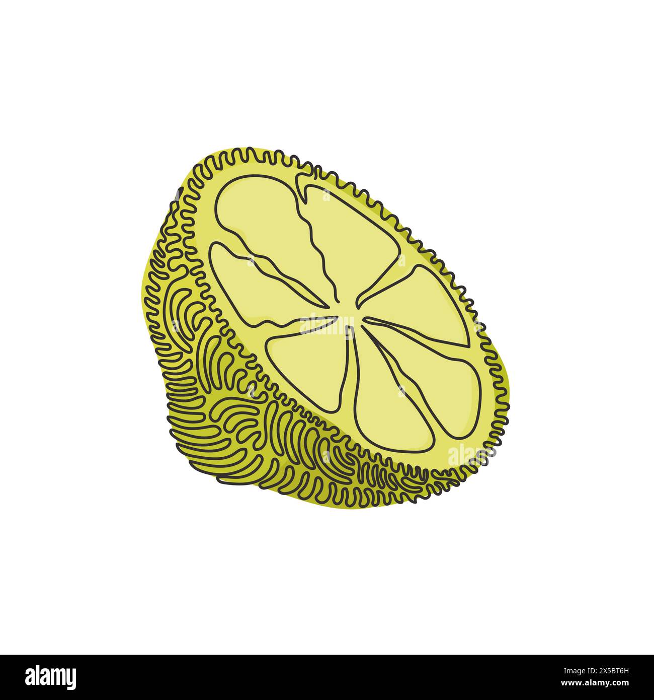 Continuous one line drawing sliced healthy organic lemon for orchard logo identity. Fresh zest fruitage concept for fruit garden icon. Swirl curl styl Stock Vector