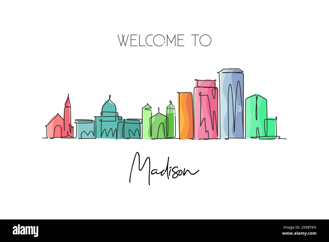 Single continuous line drawing of Madison city skyline, Wisconsin. Famous city scraper landscape. World travel home wall decor art poster print concep Stock Vector
