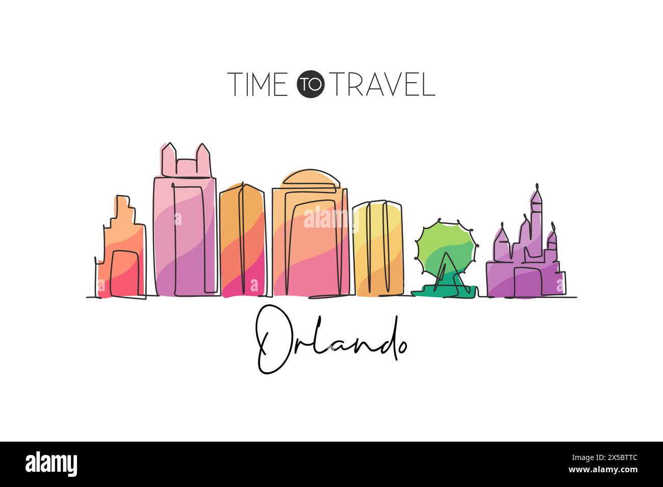 One single line drawing of Orlando city skyline, Florida. Historical town landscape in the world. Best holiday destination. Editable stroke trendy con Stock Vector