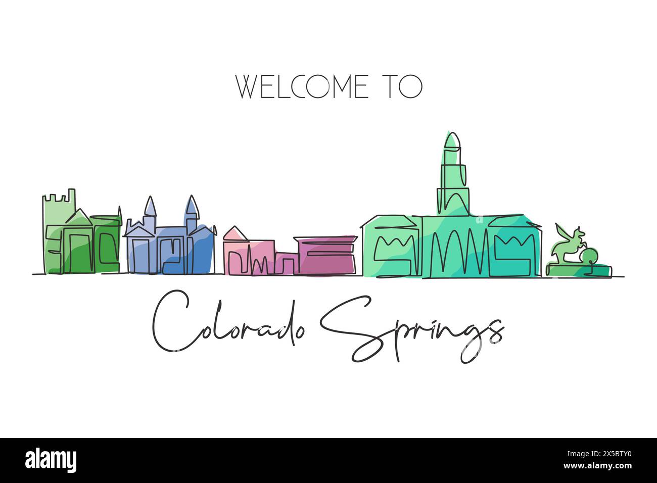 Single continuous line drawing of Colorado Springs city skyline, United States. Famous city for wall decor print. World travel concept. Editable strok Stock Vector