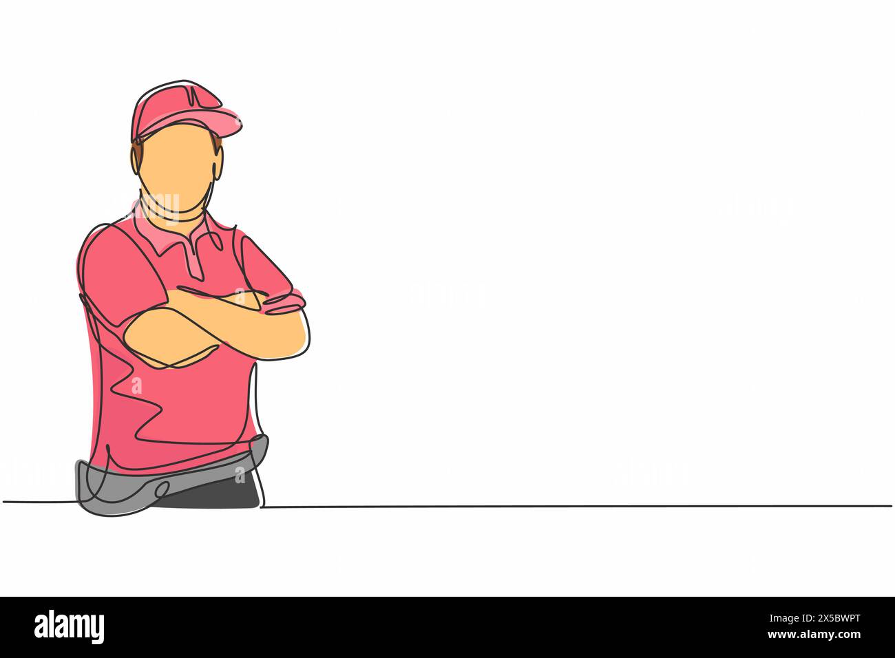 Continuous one line drawing of young delivery man with uniform posing cross his hands on chest. Professional job profession minimalist concept. Single Stock Vector