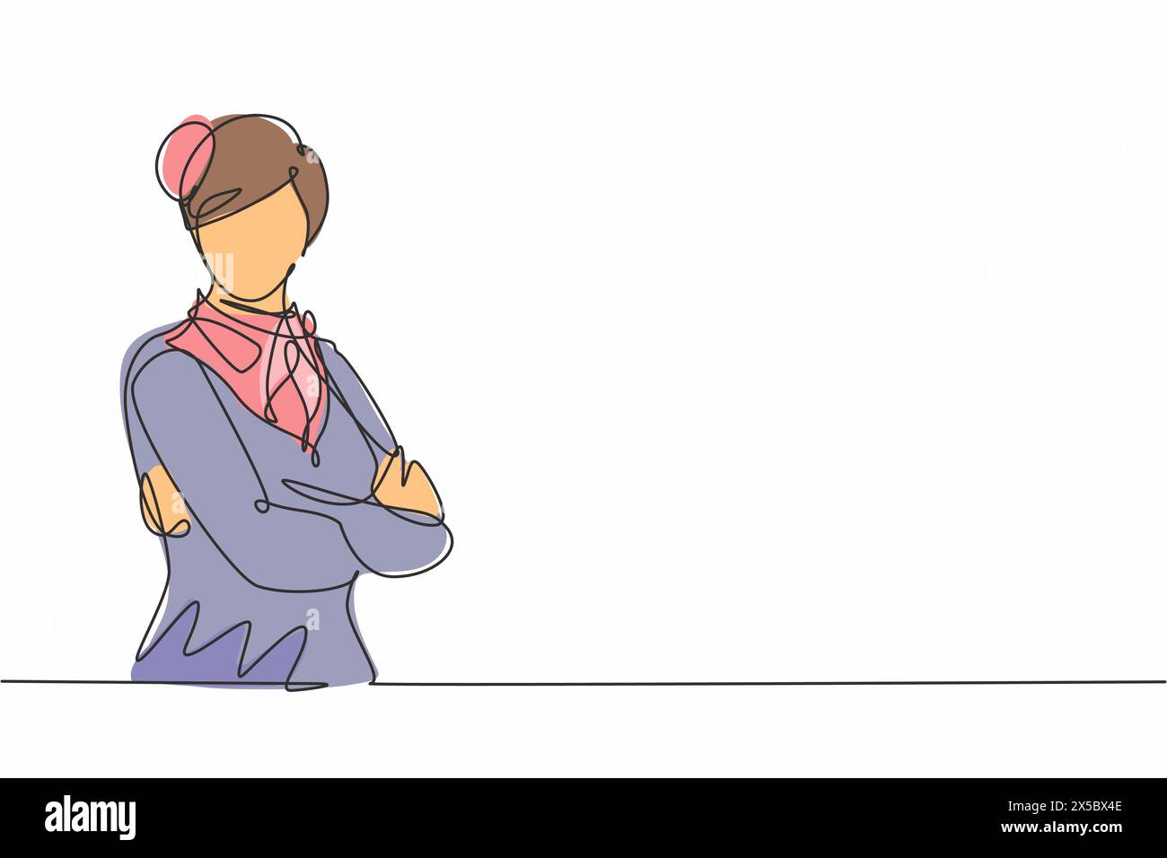 Single continuous line drawing of young female stewardess wearing uniform and pose crossed arms. Professional work job occupation. Minimalism concept Stock Vector