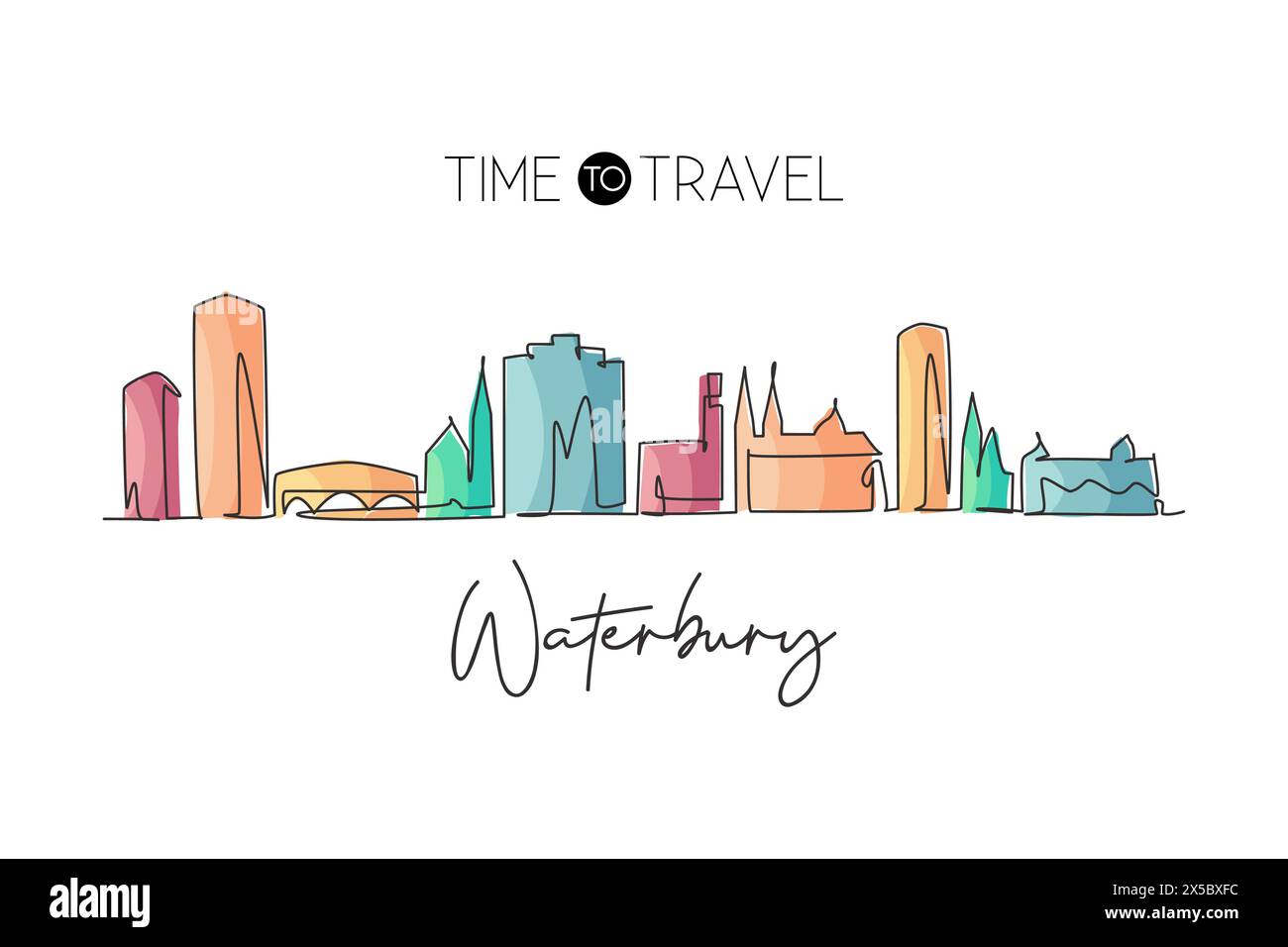 One continuous line drawing Waterbury city skyline Connecticut. Beautiful landmark art. World