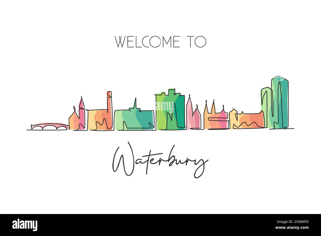 One single line drawing Waterbury city skyline, Connecticut. World historical town landscape