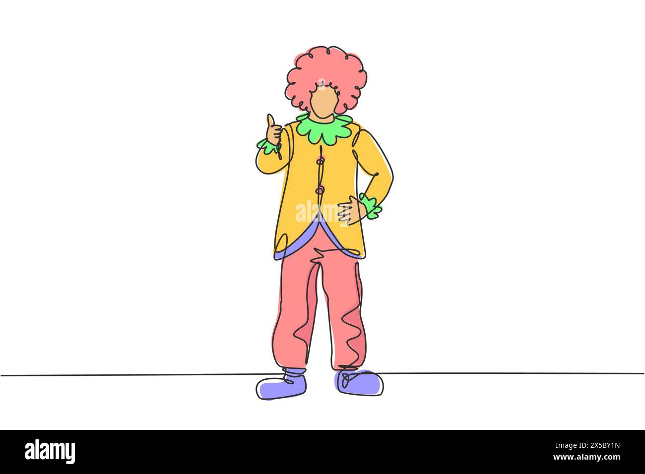 Continuous one line drawing clown stands with a thumbs-up gesture wearing wig and clown costume ready to entertain the audience in the circus arena. S Stock Vector