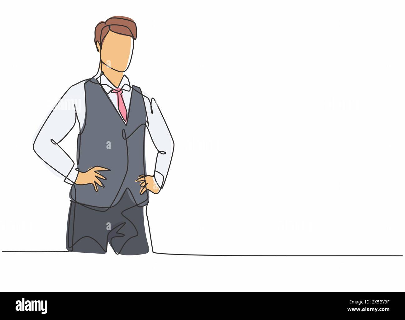 Single one line drawing of young male flight attendant wearing uniform neatly. Professional work profession and occupation minimal concept. Continuous Stock Vector