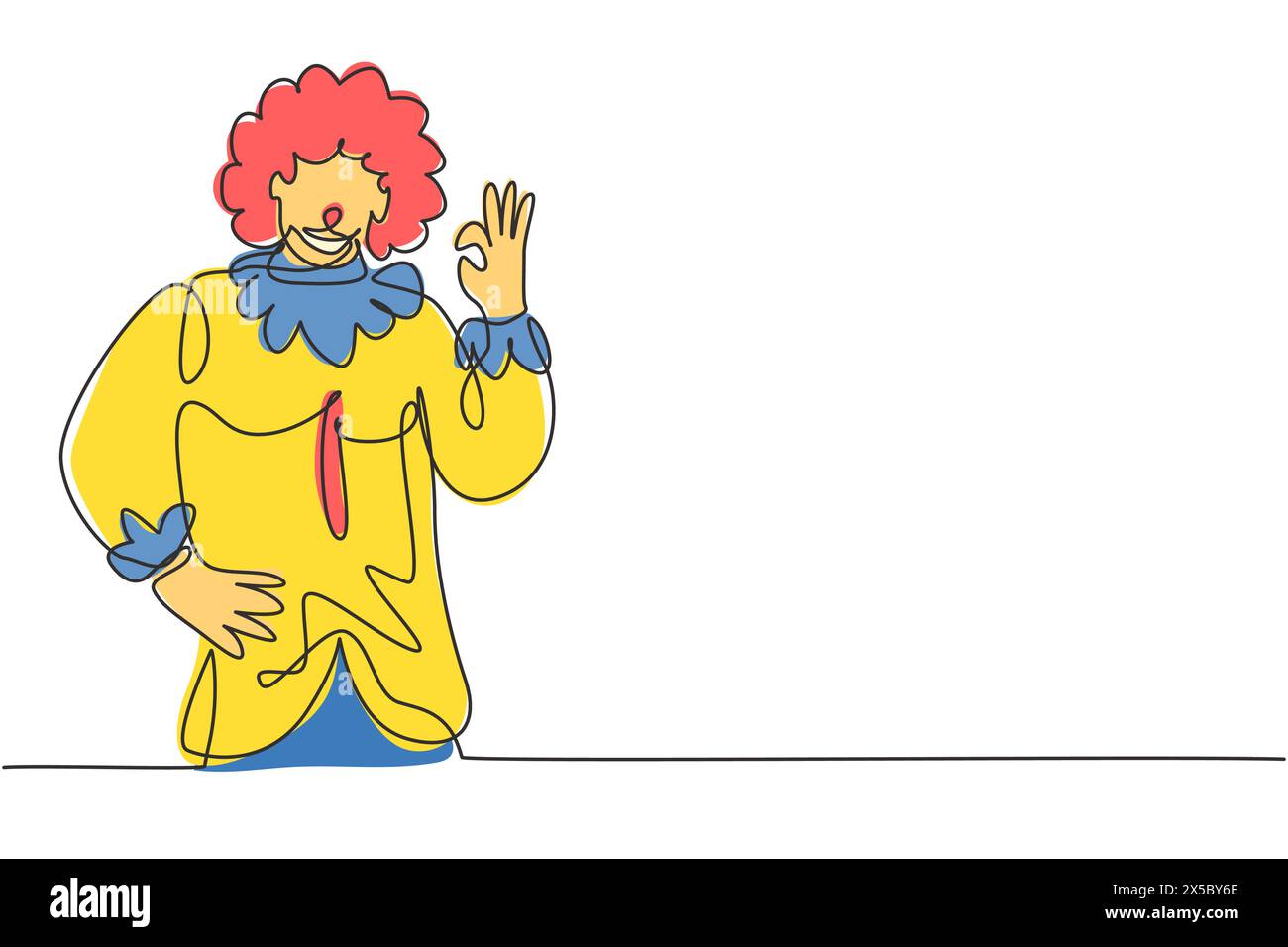 Single one line drawing clown with gesture okay, wearing wig and smiling face makeup, entertaining kids at birthday party. Good perform. Modern contin Stock Vector