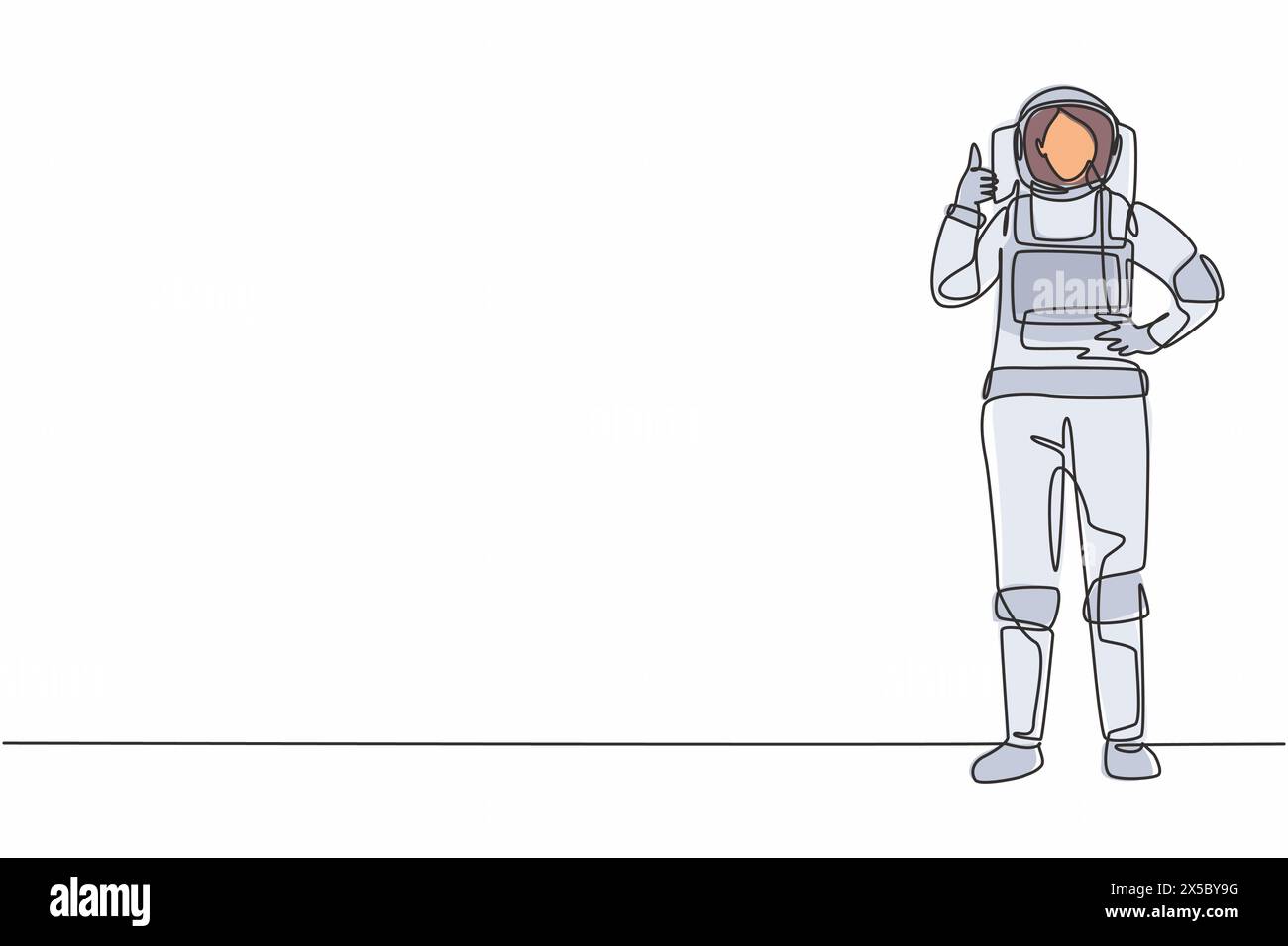 Single continuous line drawing female astronaut stands with thumbs-up gesture wearing space suit exploring earth, moon, other planets in the universe. Stock Vector