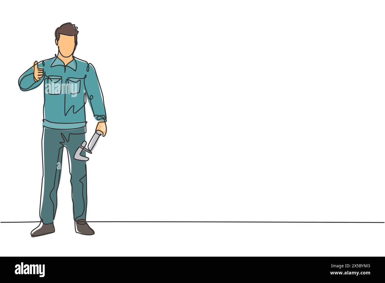 Single one line drawing of plumber stands with the gesture of raising ...