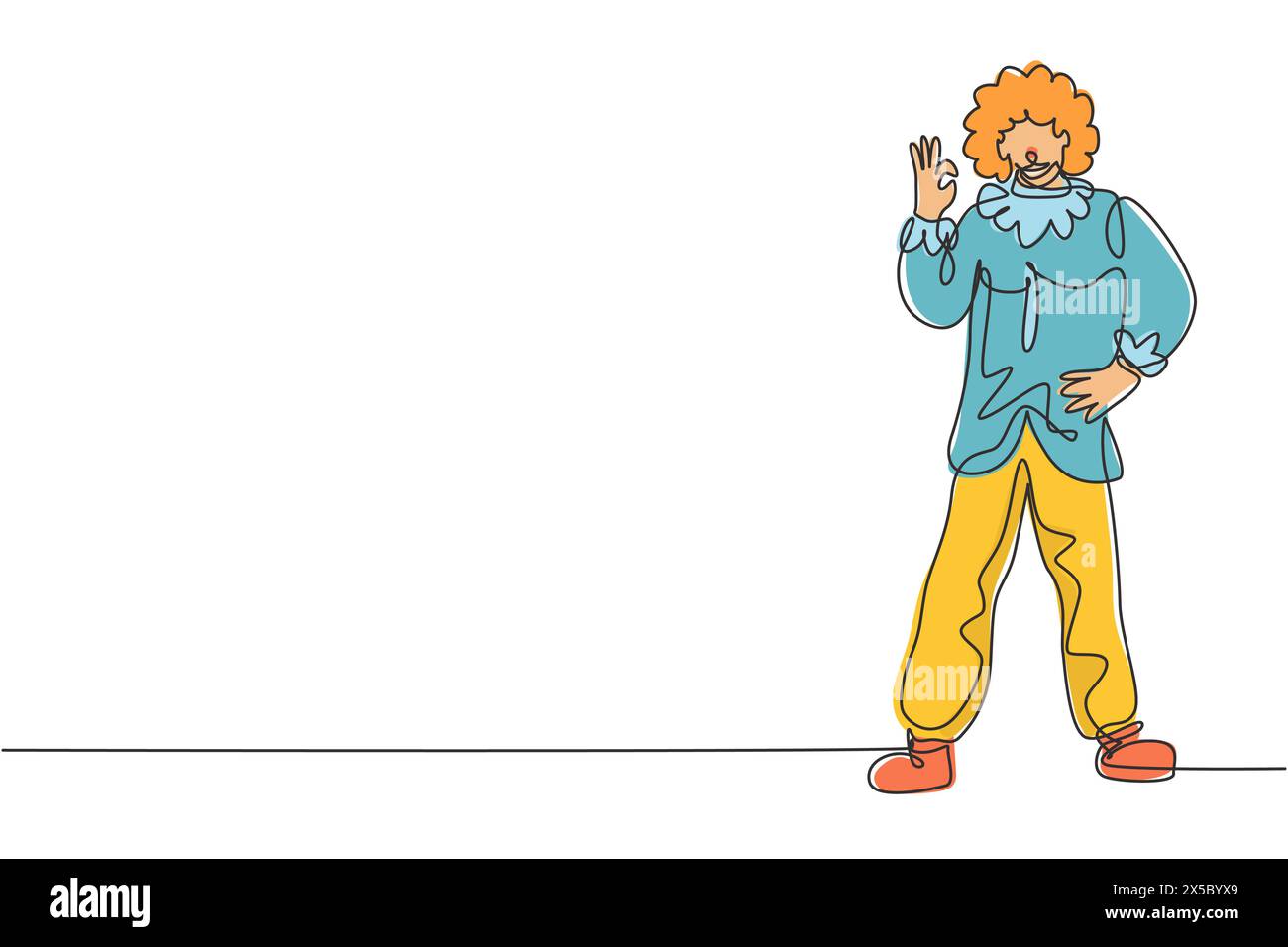 Single continuous line drawing clown stands with gesture okay wearing wig and clown costume ready to entertain the audience in circus arena. Dynamic o Stock Vector