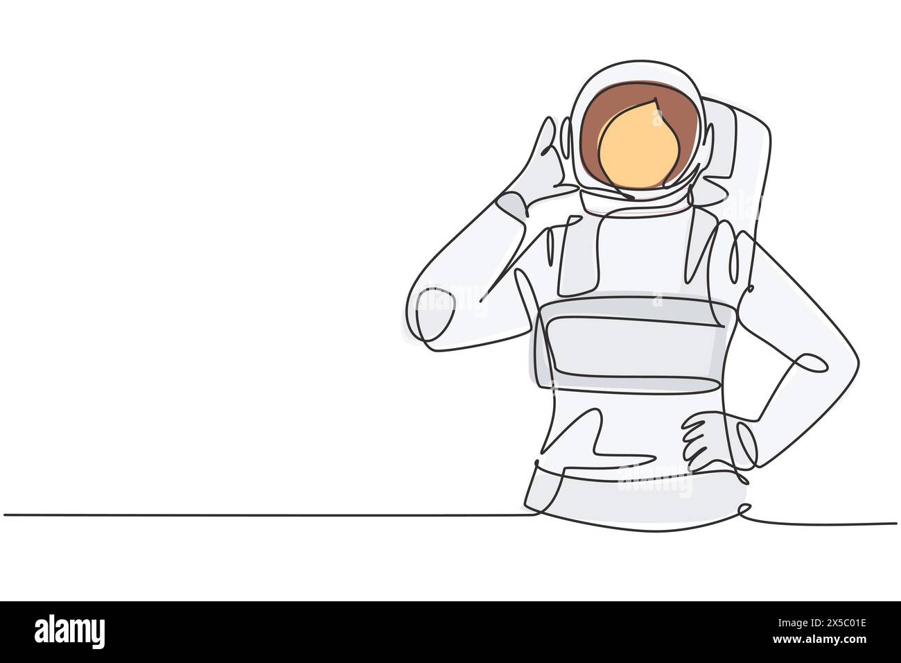 Single one line drawing female astronaut with call me gesture wearing spacesuits to explore outer space in search mysteries of universe. Modern contin Stock Vector