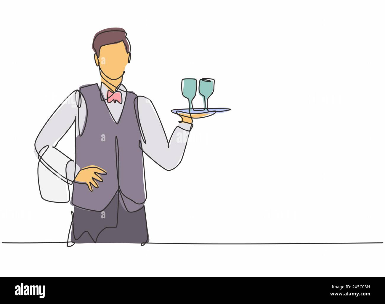 Single one line drawing of young waiter man holding metal tray with glass to serve. Professional work profession and occupation minimal concept. Conti Stock Vector