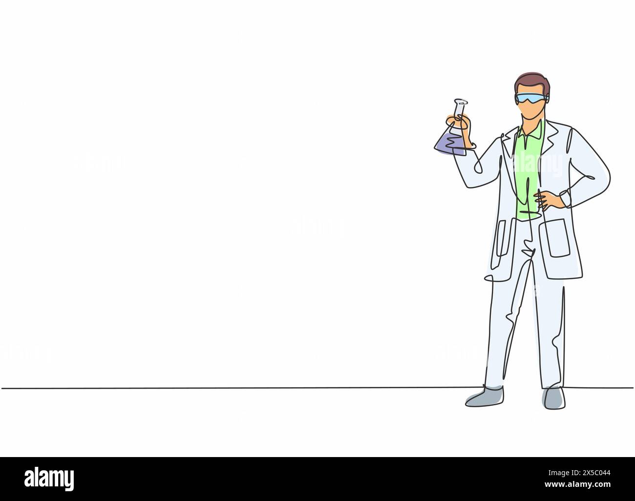 Continuous one line drawing of young male scientist holding flask contain illness vaccine formula. Professional job profession minimalist concept. Sin Stock Vector