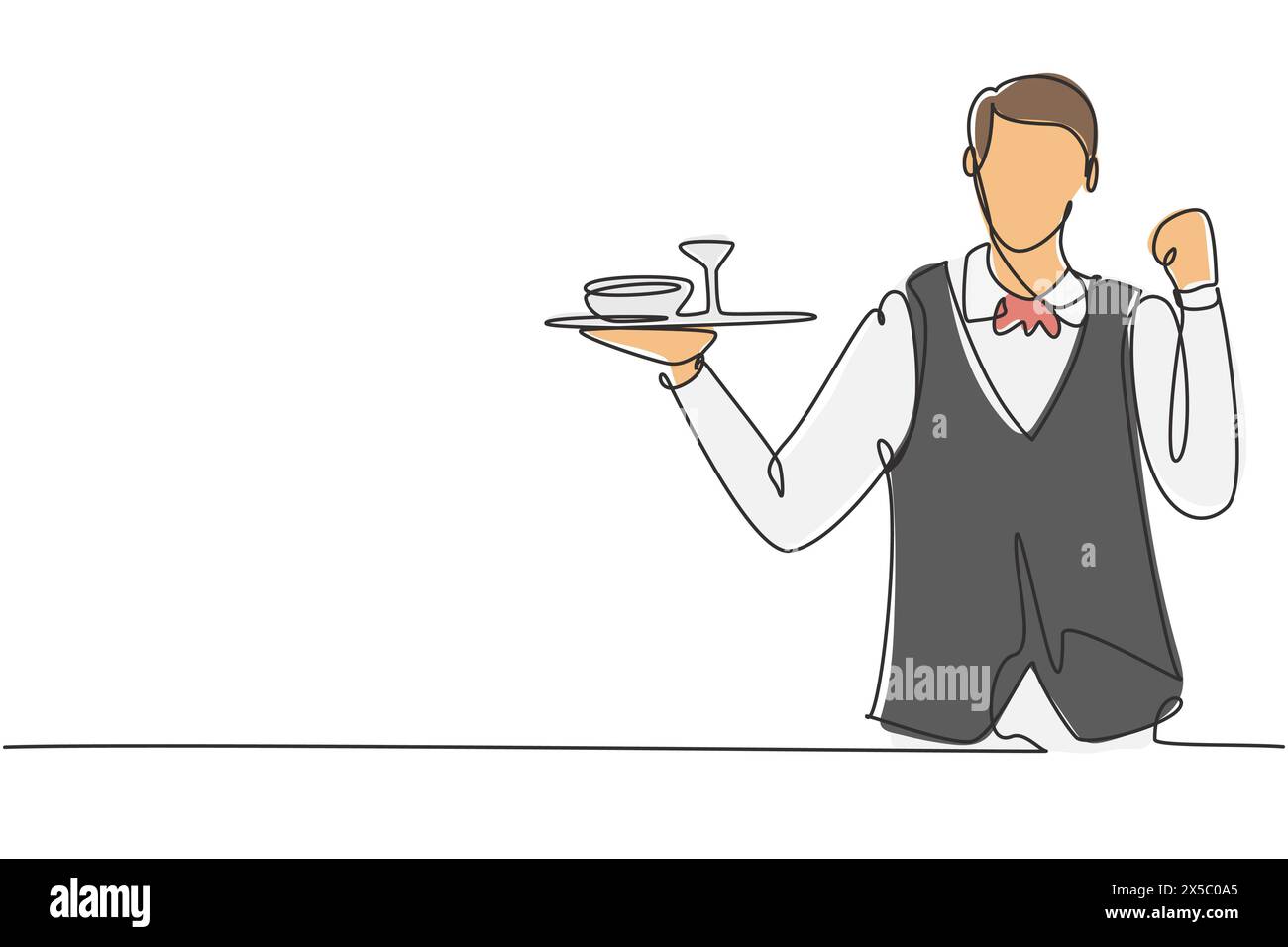 Single continuous line drawing waiter with celebrate gesture and brought a tray of drinking glasses serving visitors at cafeteria. Success job. Dynami Stock Vector