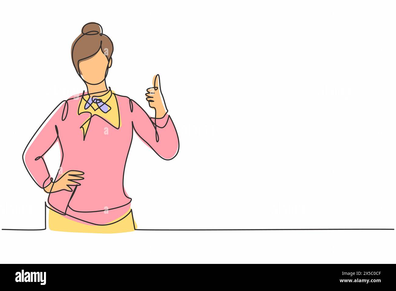 Single continuous line drawing flight attendant with a thumbs-up gesture is ready to serve airplane passengers in a friendly and warm manner. Dynamic Stock Vector