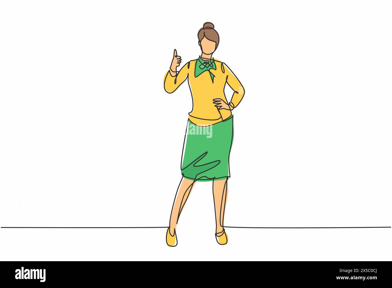 Single one line drawing of flight attendant stands in a uniform with thumbs-up gesture at the airport with the crew flying to their destination. Conti Stock Vector