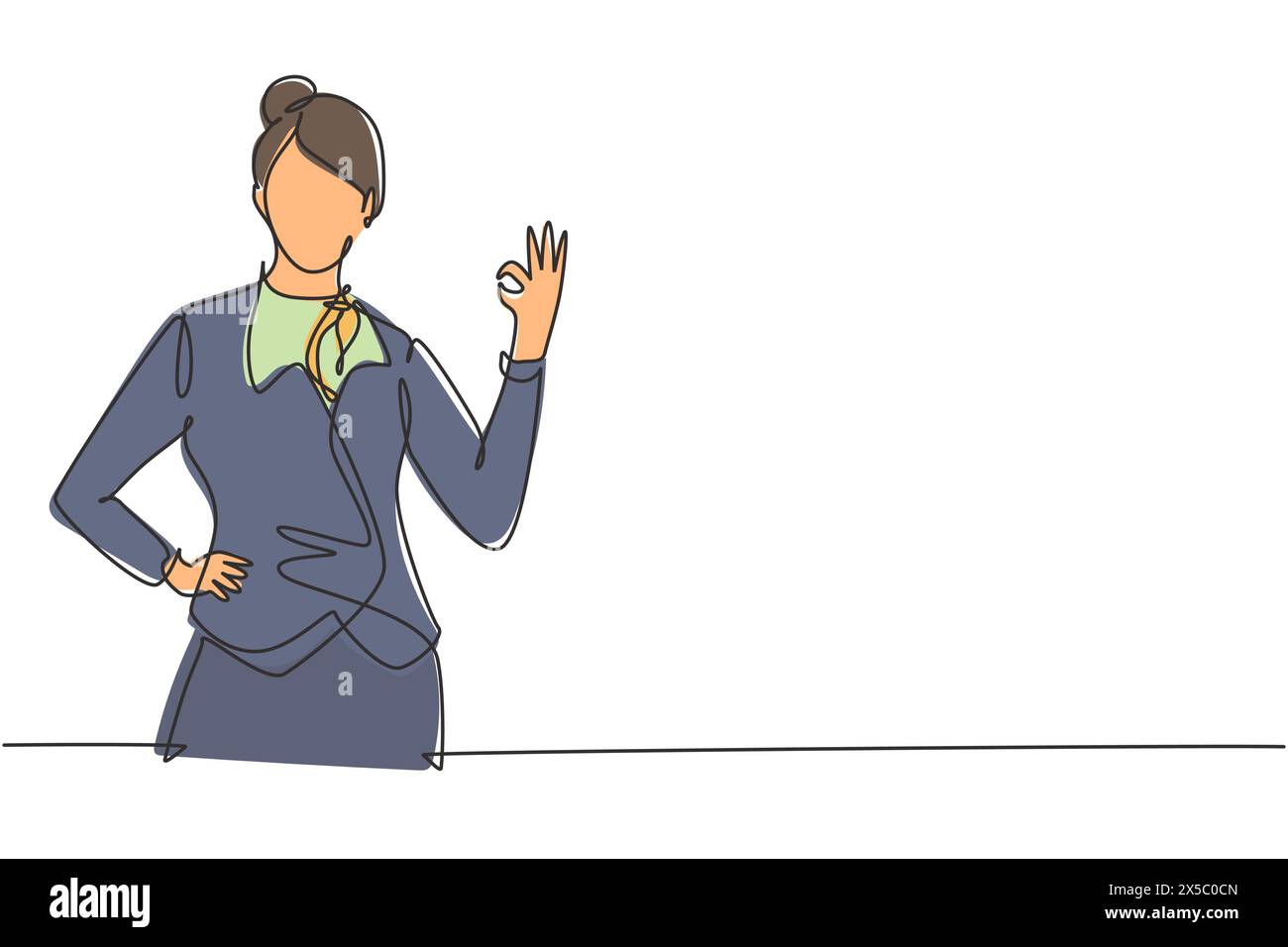 Single one line drawing flight attendant with gesture okay ready to serve airplane passengers in a friendly and warm manner. Professional work. Contin Stock Vector