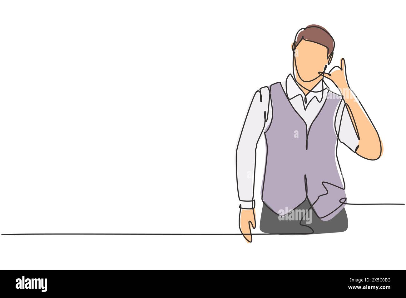 Continuous one line drawing steward with call me gesture ready to serve airplane passengers in a friendly and warm manner. Professional person. Single Stock Vector
